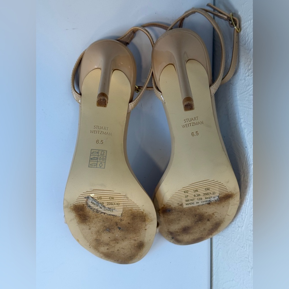 Stuart Weitzman Dancer 95 Patent Leather Sandals Beige Size 6.5 - Picture 6 of 7